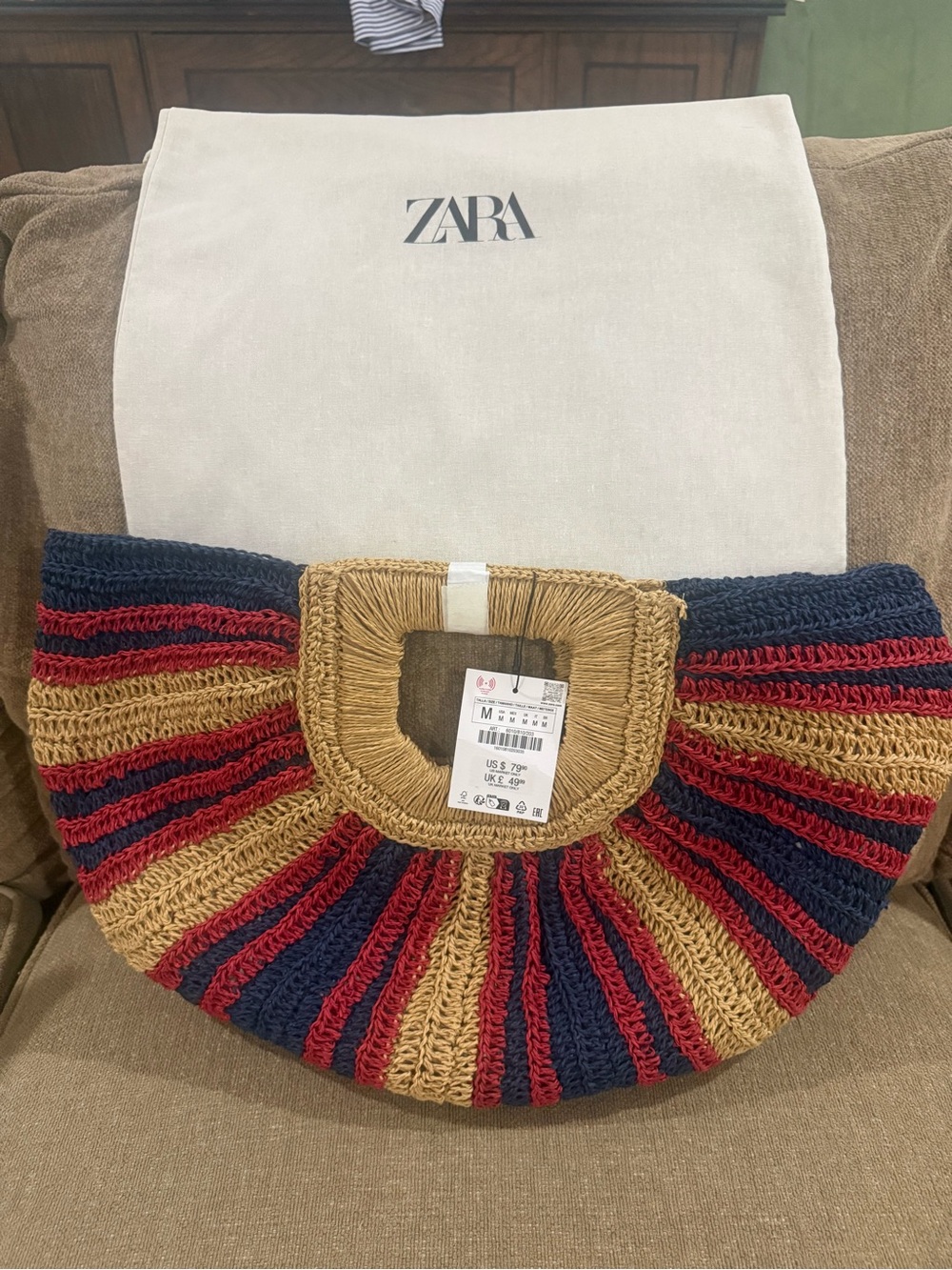 ZARA Striped Woven Half-Moon Tote — Red, Navy & Tan
